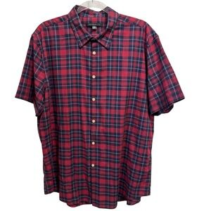 JOHN VARVATOS Size XL Plaid‎ Button Up Shirt Short Sleeve Red 100% Cotton Preppy